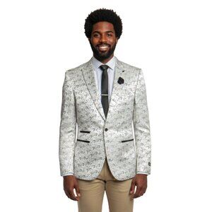 Men's Floral Blazer Slim-Fit Jacket, Eggshell/Silver